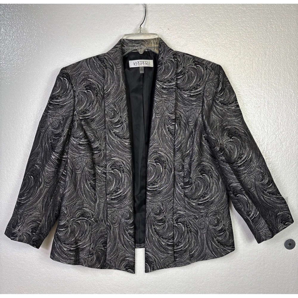 Kasper Womens Dress Jacket Sz 12 Black Silver Pattern lined 3/4 sleeve Church
